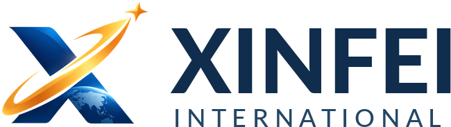XINFEI INTERNATIONAL — blue and gold X, globe and flight trail
