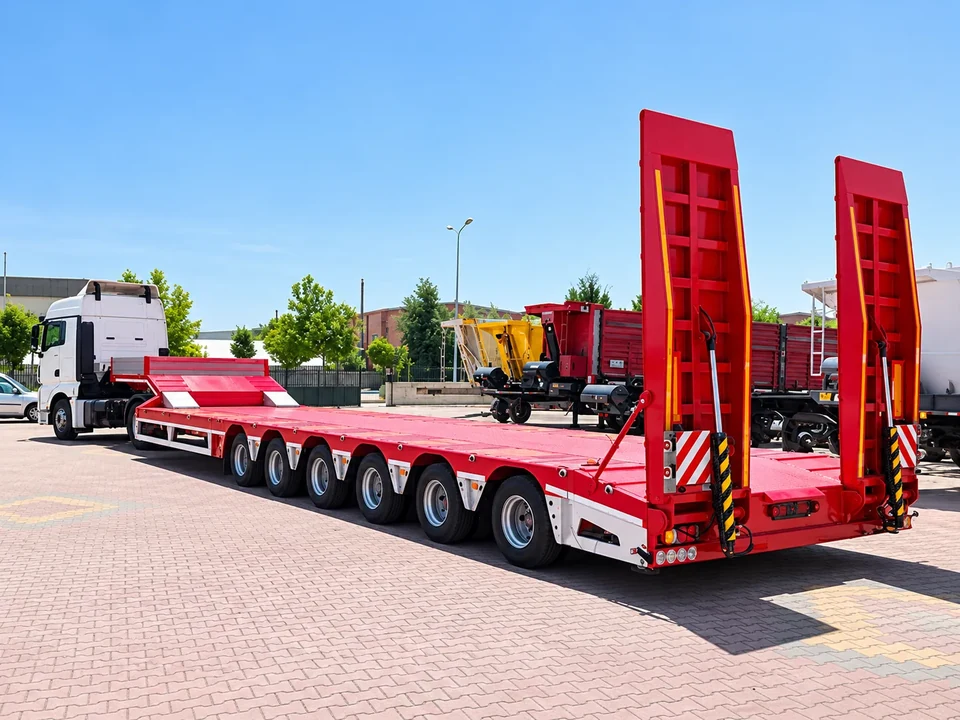 Lowbed semi-trailer with rear loading ramps, three-quarter view