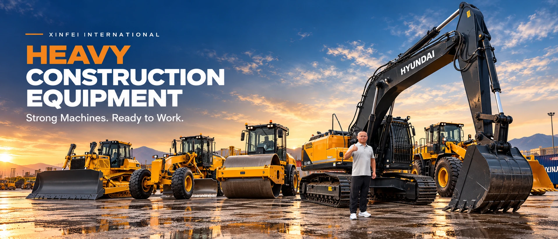 HEAVY CONSTRUCTION EQUIPMENT. Strong Machines. Ready to Work. XINFEI INTERNATIONAL banner featuring construction machinery and the company representative.